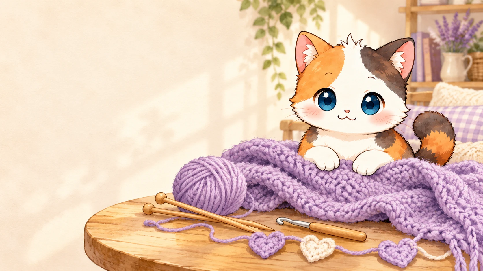 An illustration of your blue-eyed calico kitten with a lavender blanket, yarn, knitting needles, and a crocheted heart garland